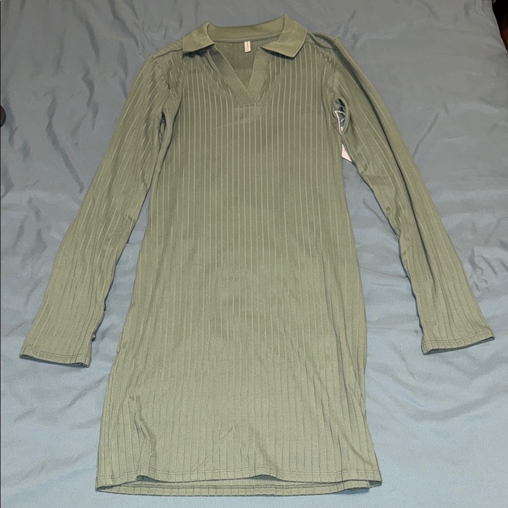 Green Ribbed Long Sleeve Dress